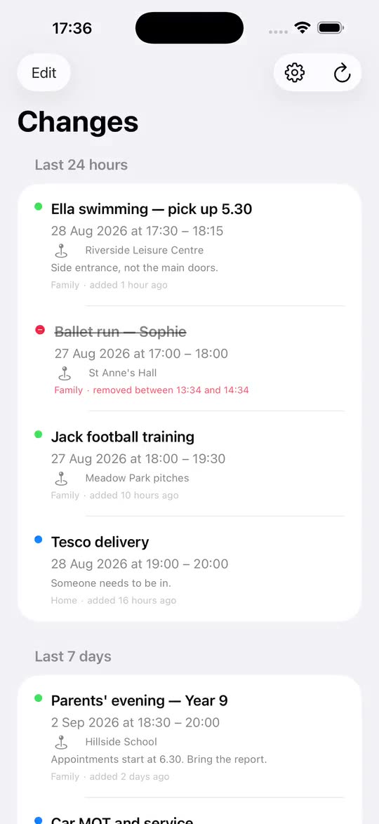 CalDelta showing calendar entries added in the last 24 hours, and one removed in the last 7 days.