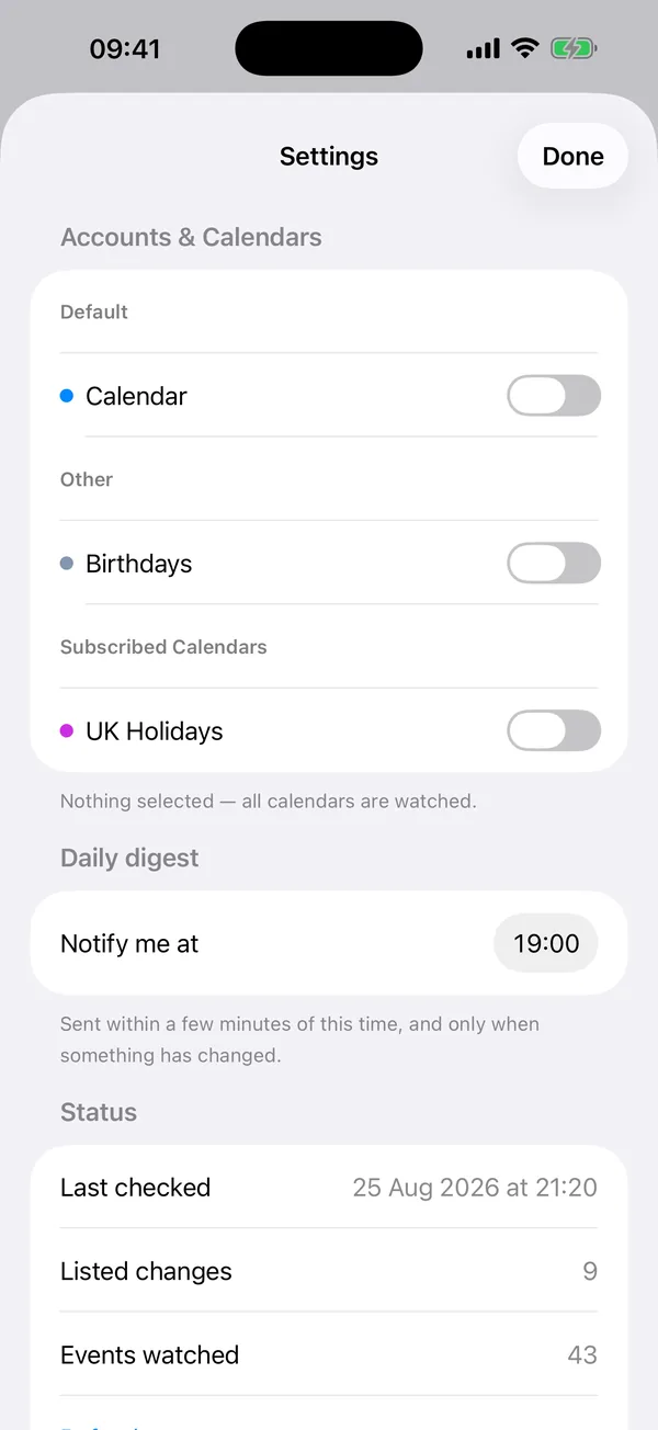 CalDelta settings: a list of calendars to watch and a daily digest time of 19:00.
