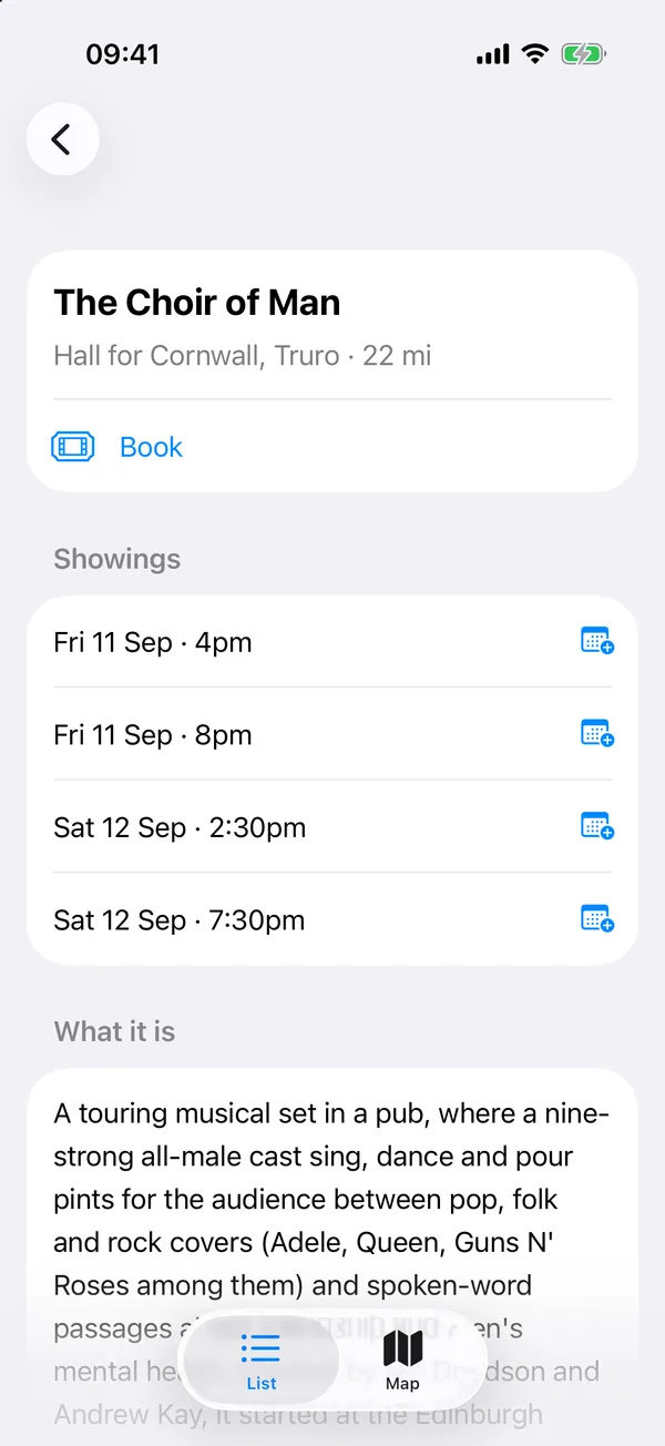 The Choir of Man at Hall for Cornwall: a Book link, four showings each with an add-to-calendar button, and a note on what the show is.