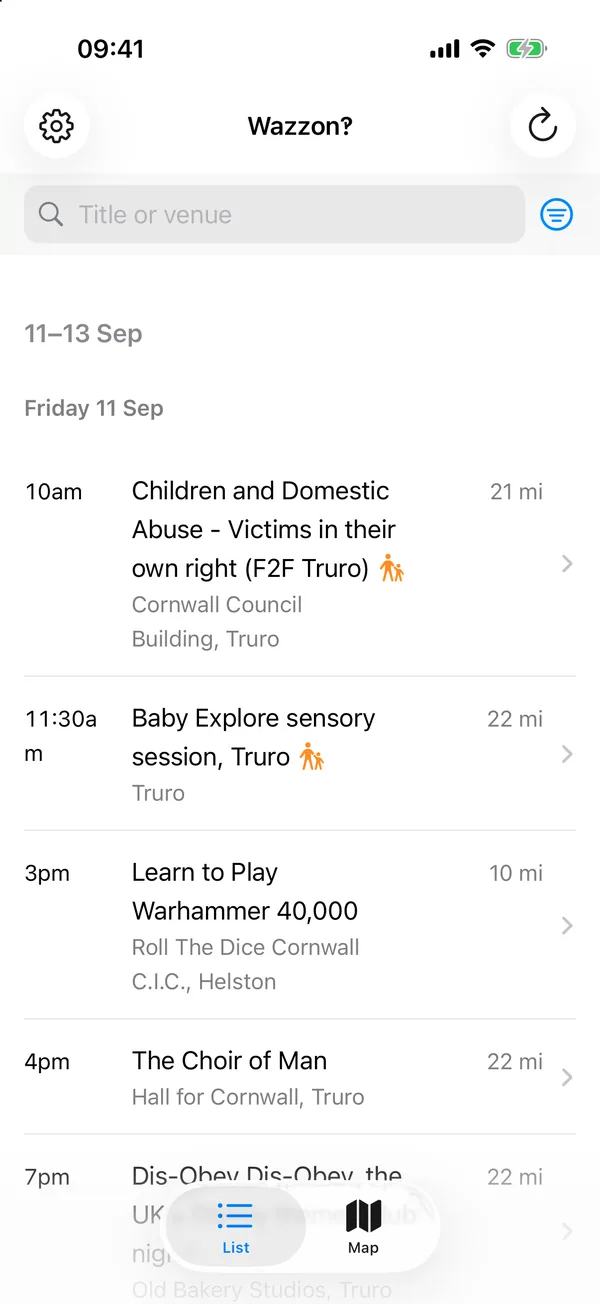 Wazzon‽ showing a free weekend in September: a family session in Truro, a Warhammer afternoon in Helston and The Choir of Man at Hall for Cornwall, each with its distance.