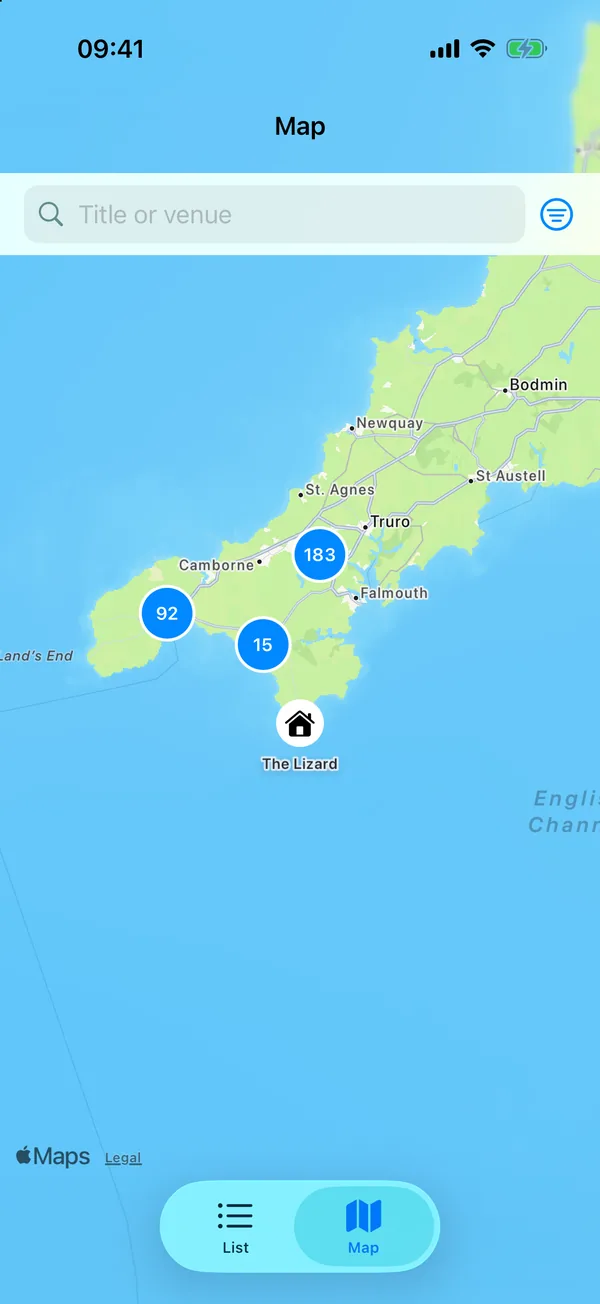 A map of west Cornwall with home marked at the Lizard and clustered venue pins near Truro, Camborne and Penzance.